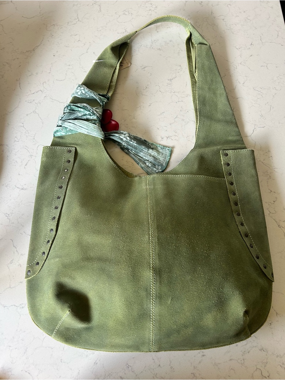 NWT Free People Matcha Rori Suede Tote  w/ FP Ultra Skinny Scarf & Cherry Charm - Picture 14 of 16